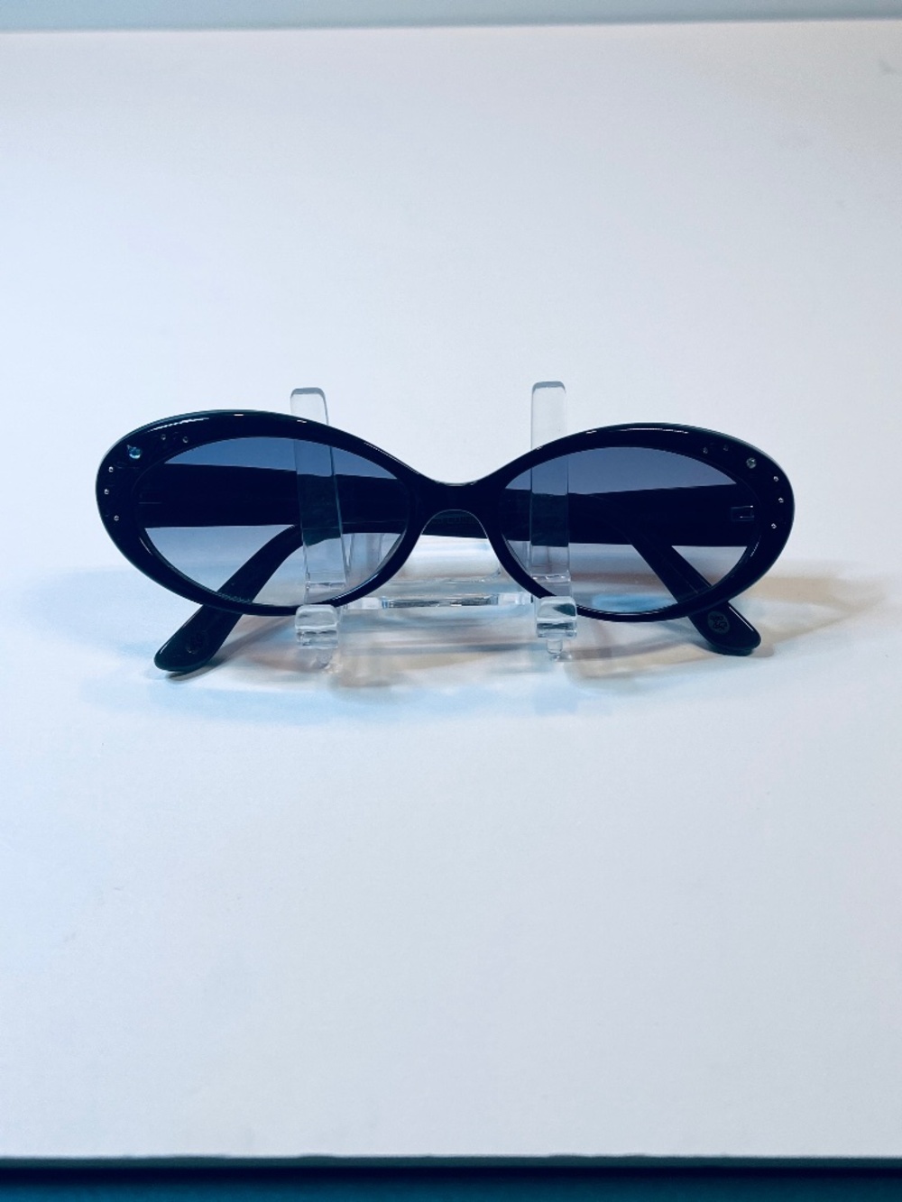 Lulu Guinness Black with Smoke Grey Pinstripe Sunglasses with Crystal Accents